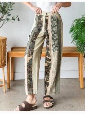 Oli & Hali Mineral Washed Patchwork Mid Rise Twill Pants, Green & Beige | Medium